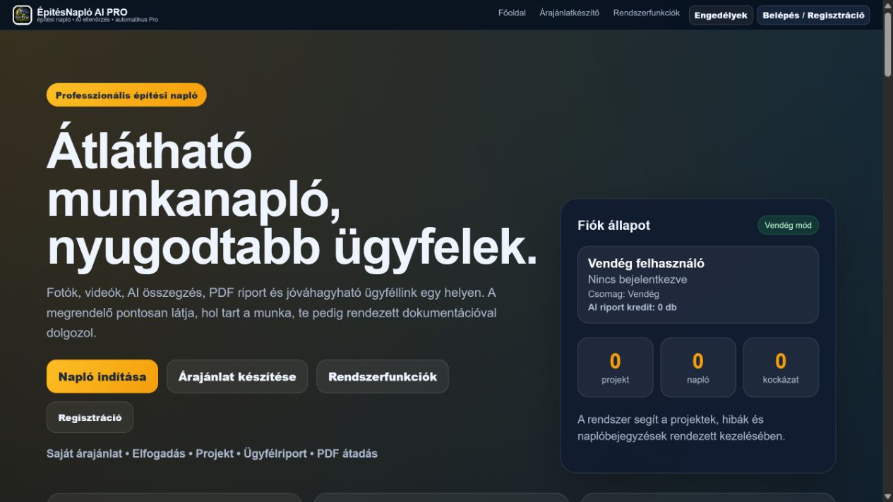 Építési Napló webalkalmazás bemutatóképe